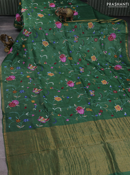 Pure tussar silk saree green with allover embroidery work and zari woven border