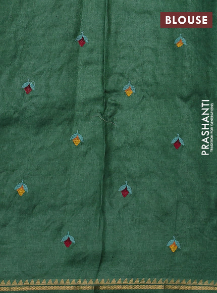 Pure tussar silk saree green with allover embroidery work and zari woven border