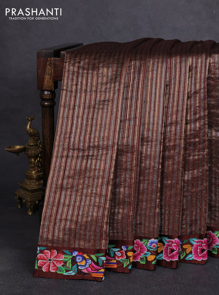 Pure tussar silk saree brown with allover zari stripe pattern and convent embroidery border