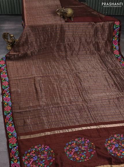 Pure tussar silk saree brown with allover zari stripe pattern and convent embroidery border