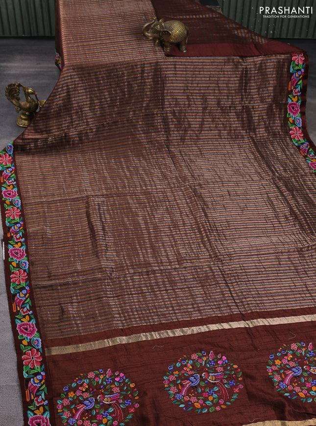 Pure tussar silk saree brown with allover zari stripe pattern and convent embroidery border