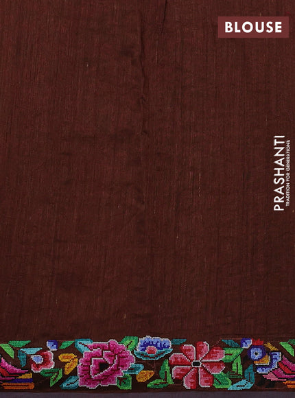 Pure tussar silk saree brown with allover zari stripe pattern and convent embroidery border