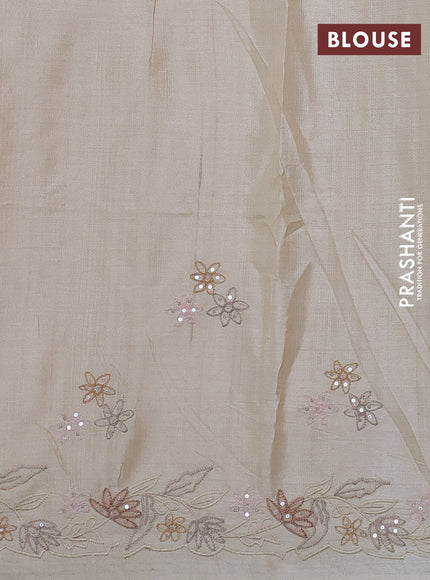 Pure tussar silk saree cream with plain body and floral embroidery border