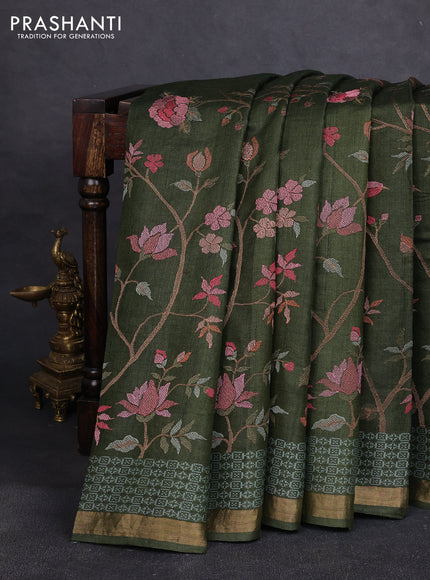 Pure tussar silk saree sap green with allover floral embroidery work and embroidery zari border