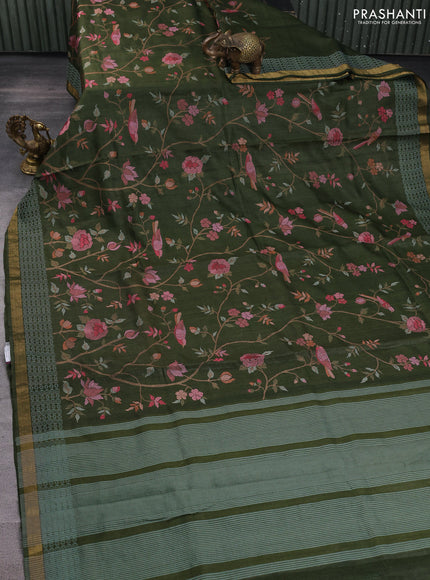 Pure tussar silk saree sap green with allover floral embroidery work and embroidery zari border