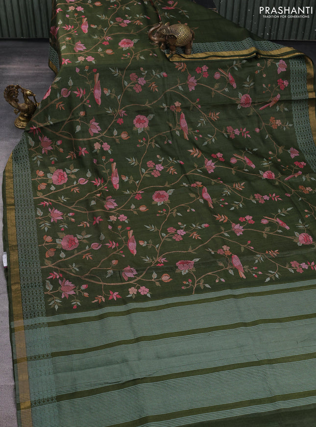Pure tussar silk saree sap green with allover floral embroidery work and embroidery zari border