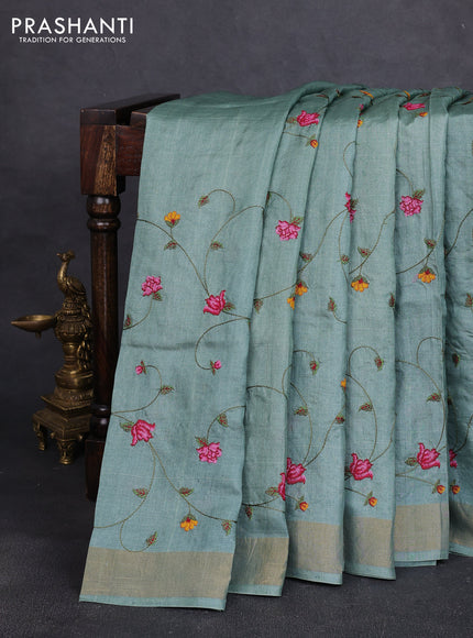 Pure tussar silk saree pastel shade of green with allover embroidery work and zari woven border