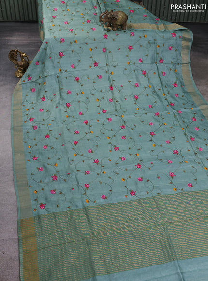 Pure tussar silk saree pastel shade of green with allover embroidery work and zari woven border