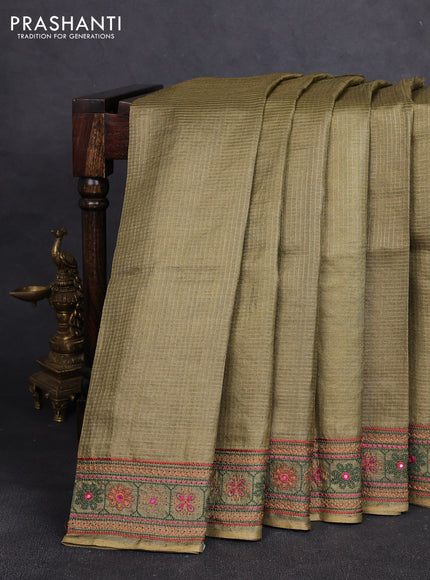 Pure tussar silk saree mehendi green shade with allover small zari checked pattern and embroidery border