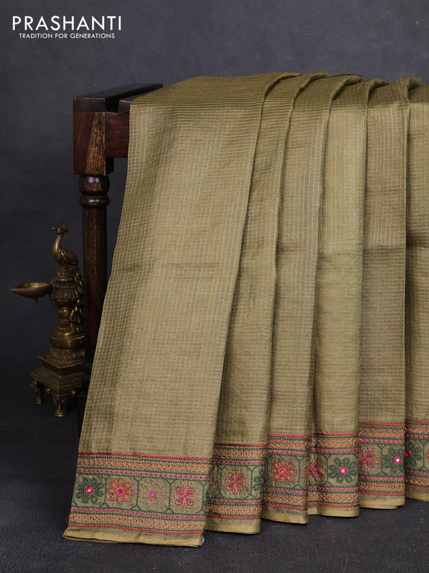 Pure tussar silk saree mehendi green shade with allover small zari checked pattern and embroidery border