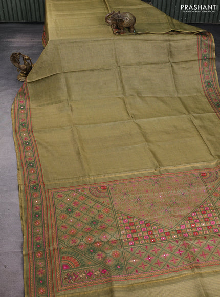 Pure tussar silk saree mehendi green shade with allover small zari checked pattern and embroidery border