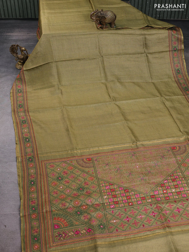Pure tussar silk saree mehendi green shade with allover small zari checked pattern and embroidery border