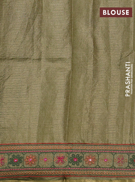 Pure tussar silk saree mehendi green shade with allover small zari checked pattern and embroidery border