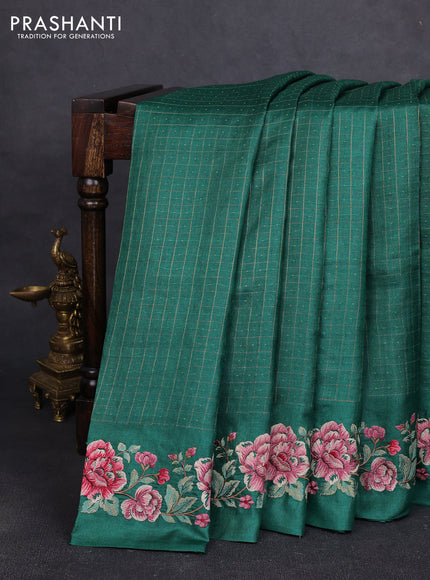 Pure tussar silk saree green with allover zari checks & buttas and floral embroidery border