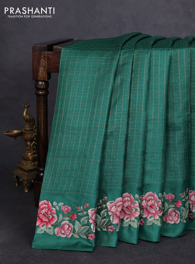 Pure tussar silk saree green with allover zari checks & buttas and floral embroidery border