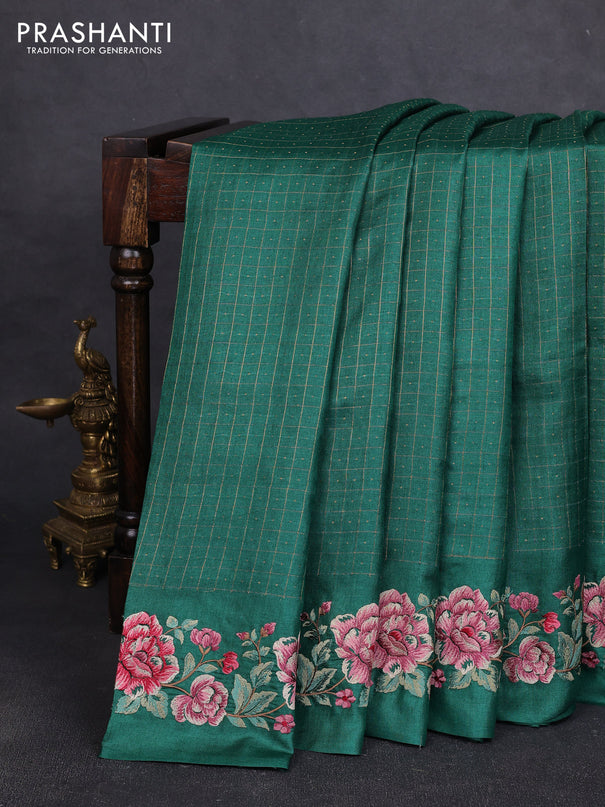Pure tussar silk saree green with allover zari checks & buttas and floral embroidery border
