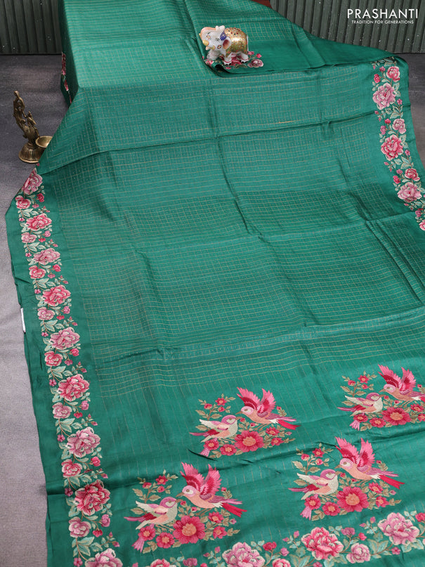 Pure tussar silk saree green with allover zari checks & buttas and floral embroidery border