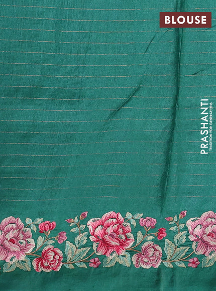 Pure tussar silk saree green with allover zari checks & buttas and floral embroidery border