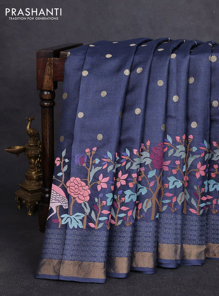 Pure tussar silk saree dark grey with embroidery work buttas and embroidery border