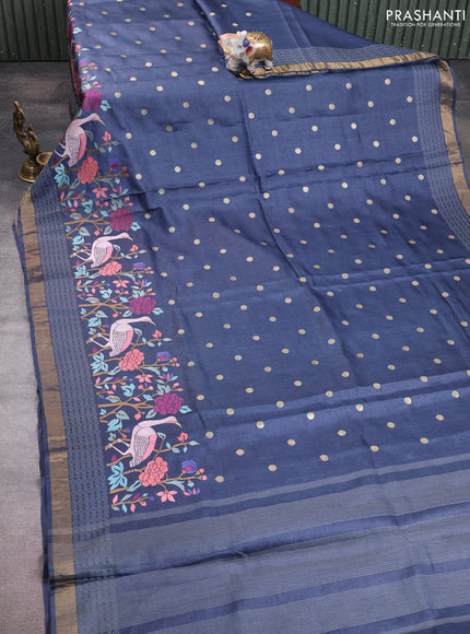 Pure tussar silk saree dark grey with embroidery work buttas and embroidery border
