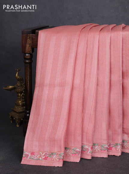 Pure tussar silk saree peach with allover thread stripe pattern and floral embroidery border