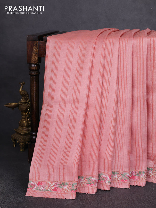 Pure tussar silk saree peach with allover thread stripe pattern and floral embroidery border