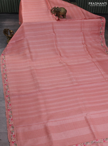 Pure tussar silk saree peach with allover thread stripe pattern and floral embroidery border