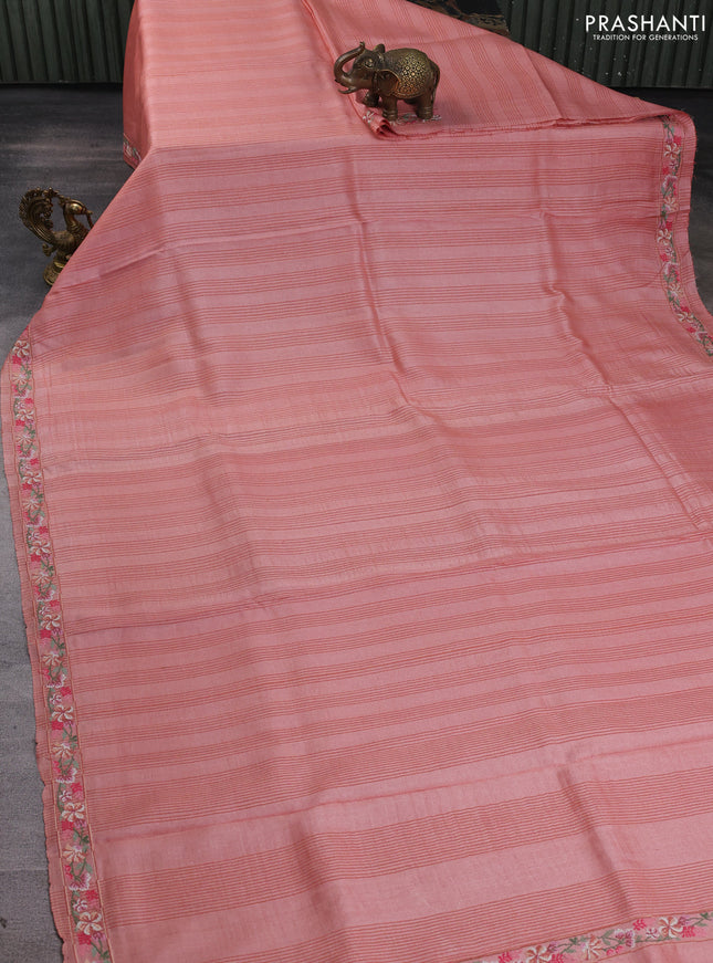 Pure tussar silk saree peach with allover thread stripe pattern and floral embroidery border