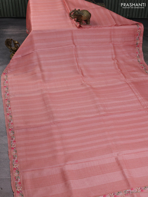 Pure tussar silk saree peach with allover thread stripe pattern and floral embroidery border