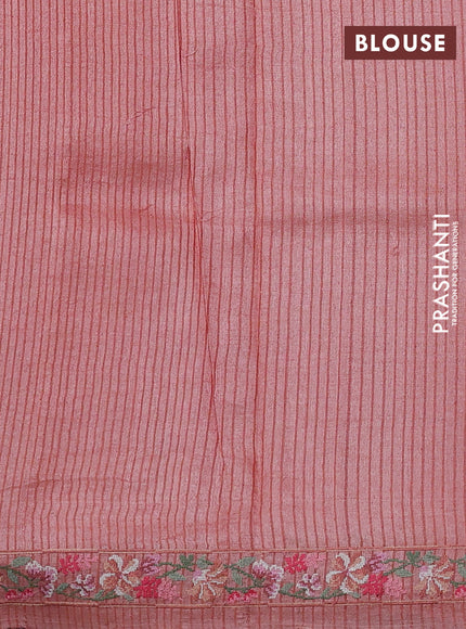 Pure tussar silk saree peach with allover thread stripe pattern and floral embroidery border