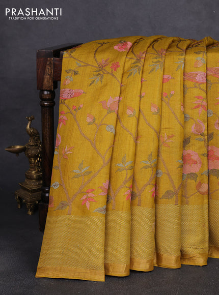 Pure tussar silk saree dark mustard with allover floral embroidery work and thread woven border