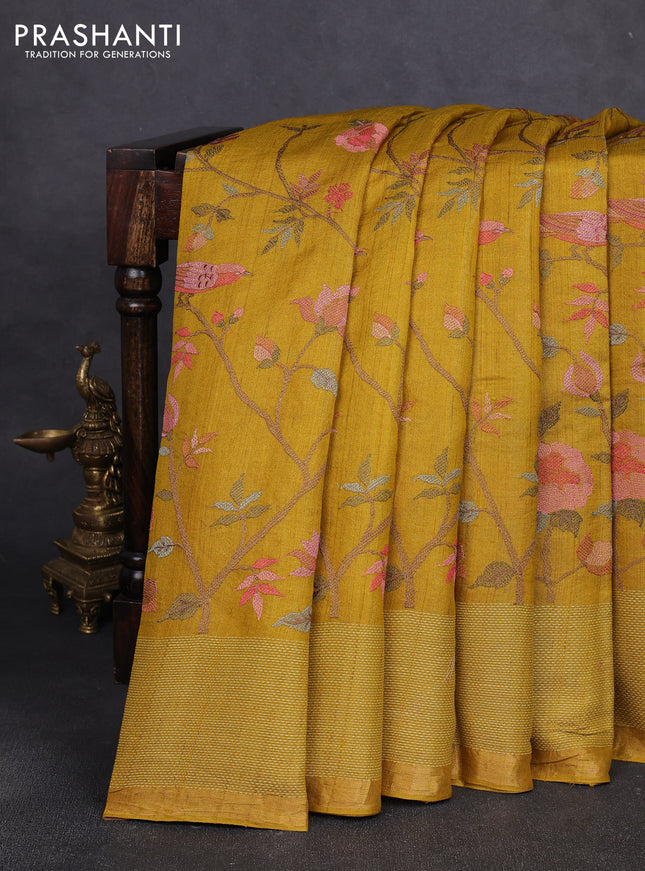 Pure tussar silk saree dark mustard with allover floral embroidery work and thread woven border