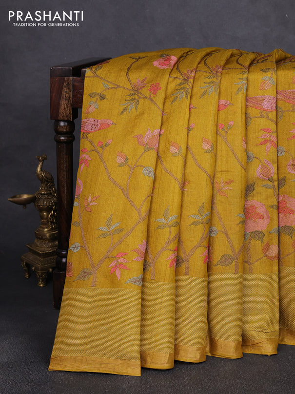 Pure tussar silk saree dark mustard with allover floral embroidery work and thread woven border