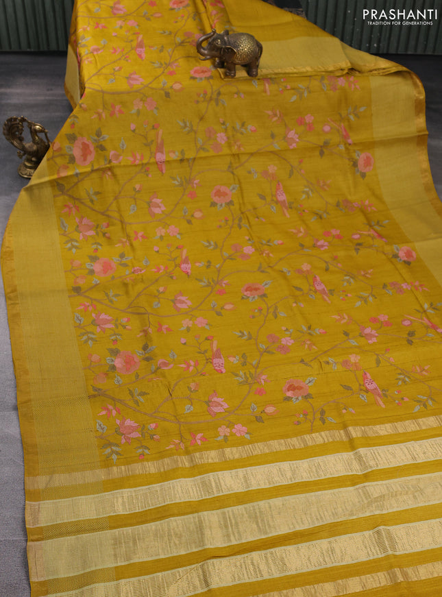 Pure tussar silk saree dark mustard with allover floral embroidery work and thread woven border