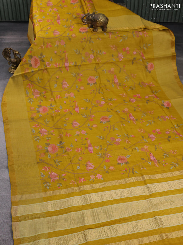 Pure tussar silk saree dark mustard with allover floral embroidery work and thread woven border