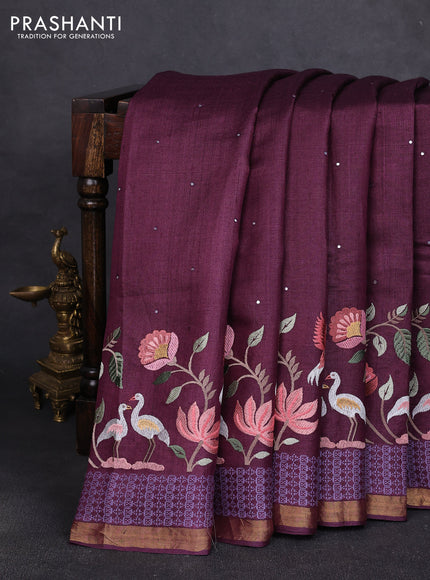 Pure tussar silk saree wine shade with mirror embroidery buttas and embroidery border