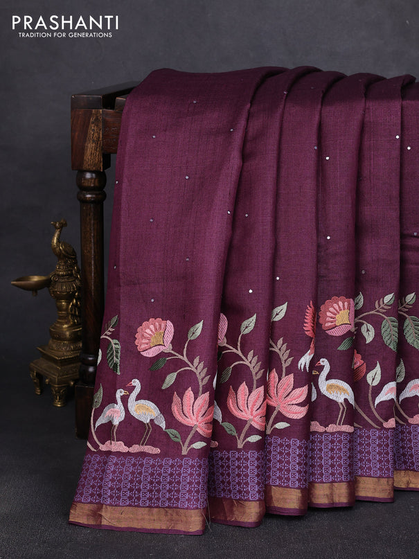 Pure tussar silk saree wine shade with mirror embroidery buttas and embroidery border