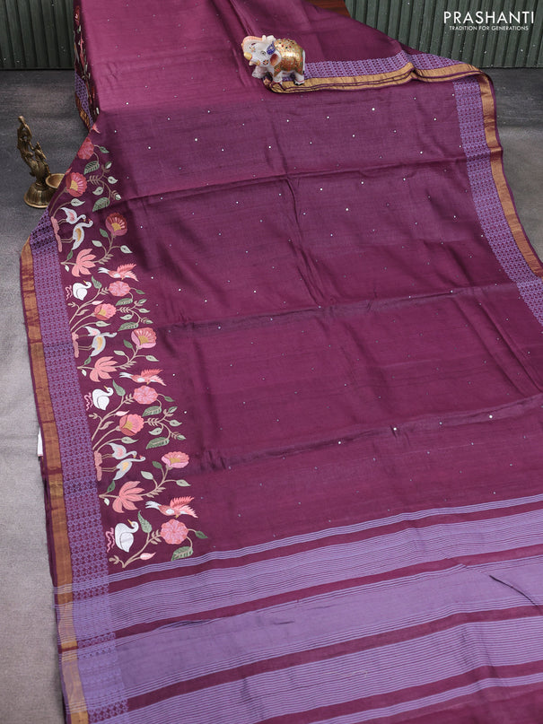 Pure tussar silk saree wine shade with mirror embroidery buttas and embroidery border
