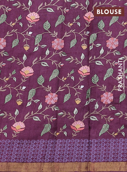 Pure tussar silk saree wine shade with mirror embroidery buttas and embroidery border