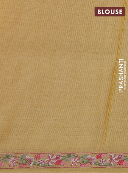 Pure tussar silk saree yellow shade with plain body and embroidery border