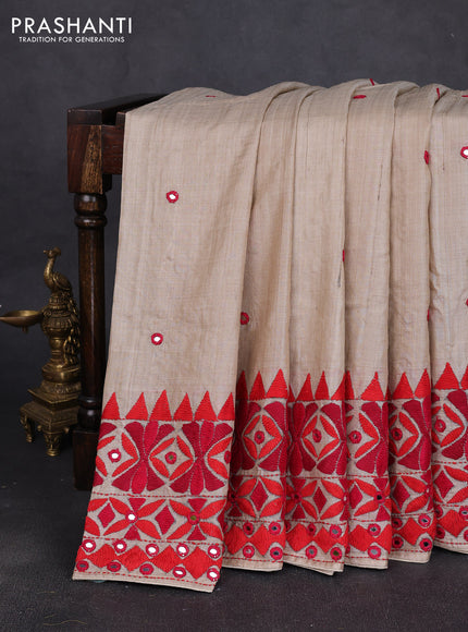 Pure tussar silk saree beige and red with mirror embroidery buttas and kantha stitch work pallu & border