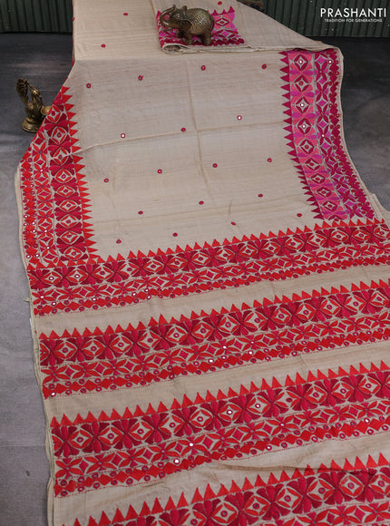 Pure tussar silk saree beige and red with mirror embroidery buttas and kantha stitch work pallu & border
