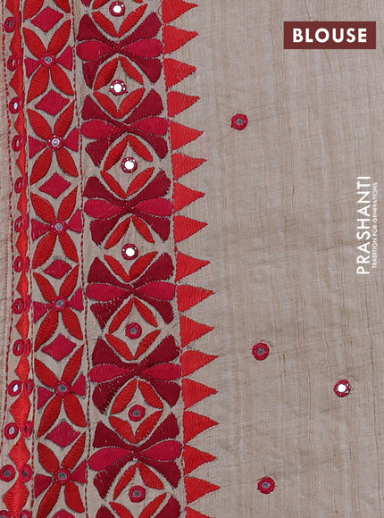 Pure tussar silk saree beige and red with mirror embroidery buttas and kantha stitch work pallu & border
