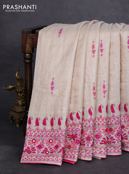 Pure tussar silk saree cream and pink with embroidery work and kantha stitch work pallu & border