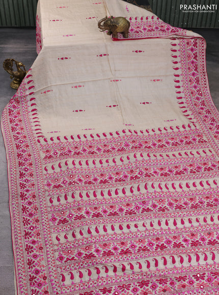 Pure tussar silk saree cream and pink with embroidery work and kantha stitch work pallu & border