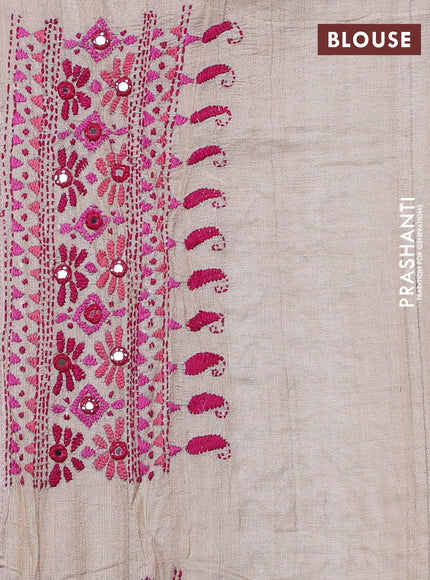 Pure tussar silk saree cream and pink with embroidery work and kantha stitch work pallu & border