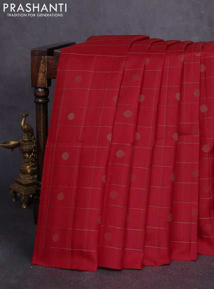 Pure soft silk saree red with allover zari checks & buttas in borderless style
