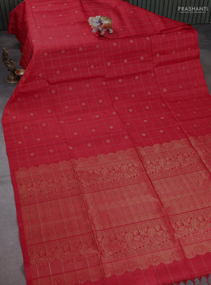 Pure soft silk saree red with allover zari checks & buttas in borderless style