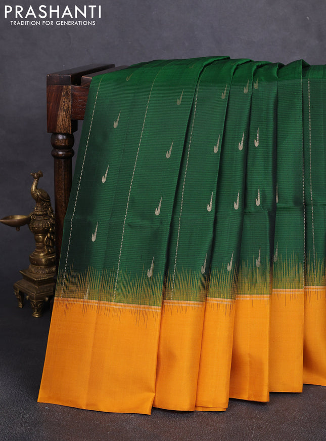 Pure soft silk saree green and mustard yellow with allover zari weaves & muniya buttas and zari woven simple border