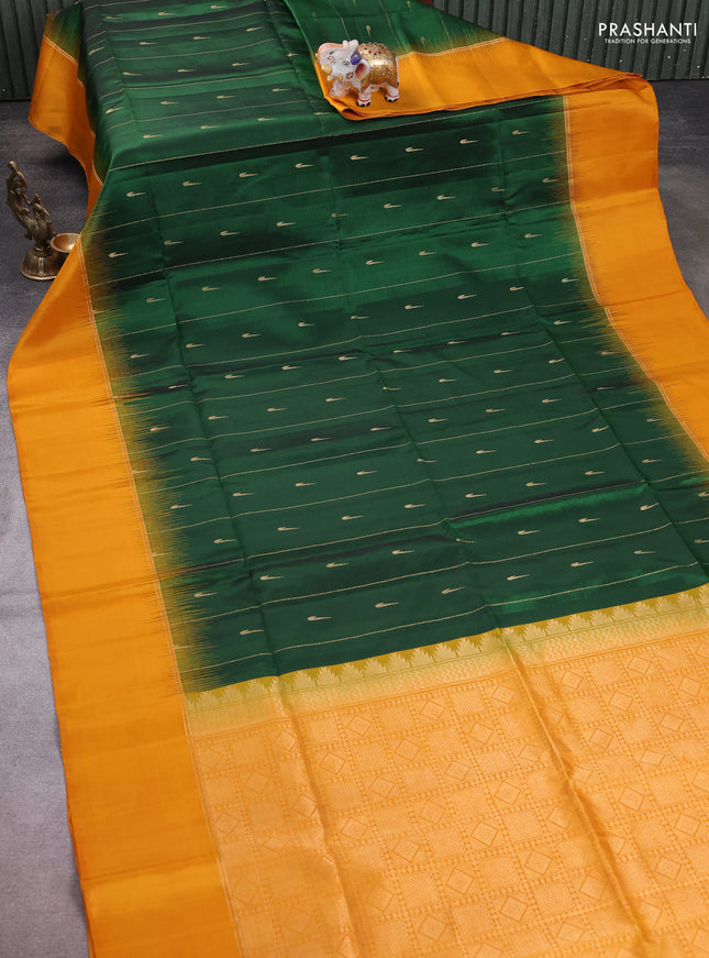 Pure soft silk saree green and mustard yellow with allover zari weaves & muniya buttas and zari woven simple border
